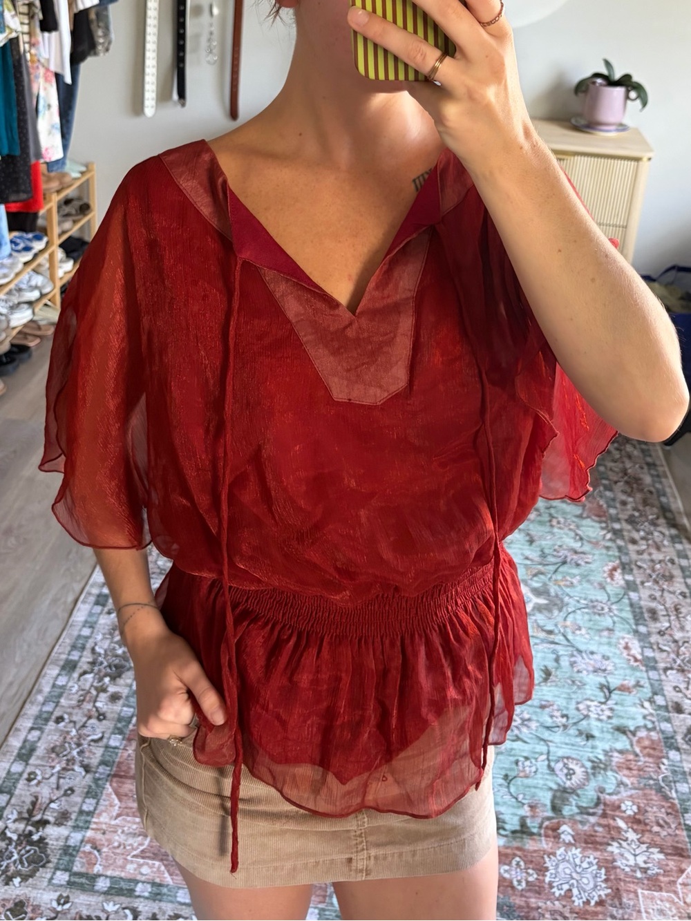 C.O.C. Burgundy Sheer Flutter Sleeve Peplum Blouse 1XL